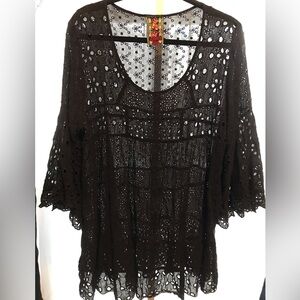 Johnny Was Boho Style Black Eyelet Laced Top/Dress w/Bell Sleeves.